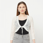 Women Off White Crop Tie-Up Shrug