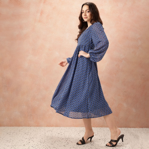 Geometric Print Puff Sleeve Fit & Flare Midi Dress