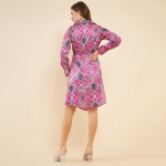Pink Abstract Printed Shirt Collar Cuffed Sleeves Satin Wrap Dress